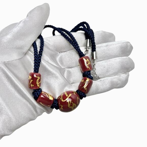 Necklace Ceramic Beads Hand Knotted Purple Gold Accents Braided Double Cord Navy - Picture 9 of 13